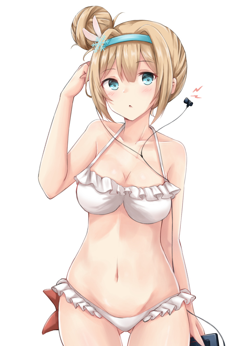 1girl absurdres bangs bikini blonde_hair blue_eyes blush breasts cleavage collarbone cowboy_shot earphones earphones_removed eyebrows_visible_through_hair girls_frontline gluteal_fold groin hair_between_eyes hair_ornament hairband hakuya_(white_night) hand_on_own_head highres long_hair looking_at_viewer medium_breasts navel open_mouth sidelocks snowflake_hair_ornament solo stomach suomi_kp31_(girls_frontline) swimsuit thighs white_bikini