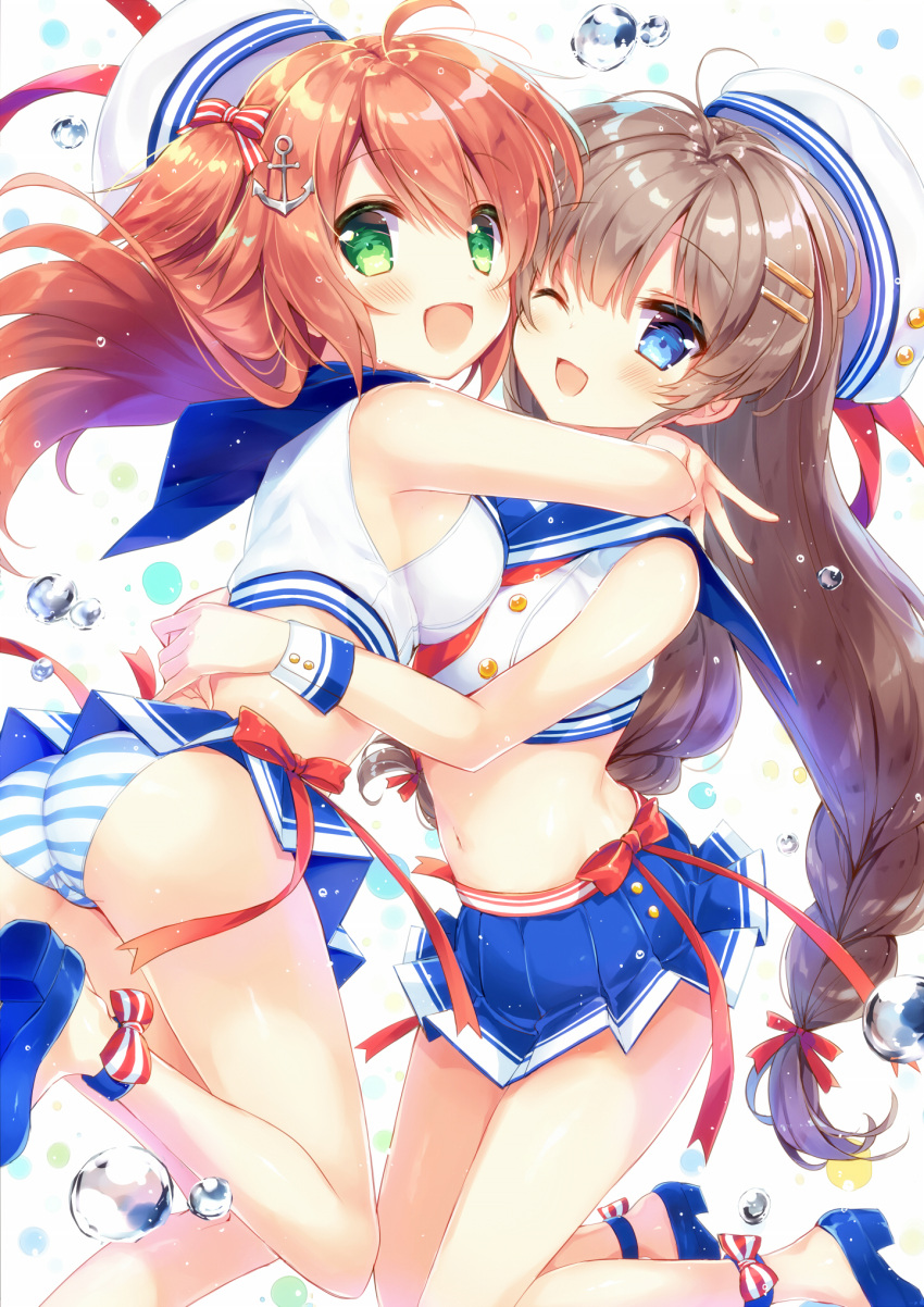 2girls :d ;d anchor_hair_ornament ass bangs beret blue_eyes blue_footwear blue_sailor_collar blue_skirt blush bow breasts brown_hair commentary_request crop_top eyebrows_visible_through_hair green_eyes hair_between_eyes hair_bow hair_ornament hairclip hat highres long_hair medium_breasts multiple_girls natsuki_marina necktie one_eye_closed open_mouth original panties pleated_skirt red_bow red_neckwear sailor_collar school_uniform serafuku shirt shoe_soles shoes short_necktie skirt sleeveless sleeveless_shirt smile striped striped_bow striped_panties underwear very_long_hair water_drop white_background white_hat white_shirt