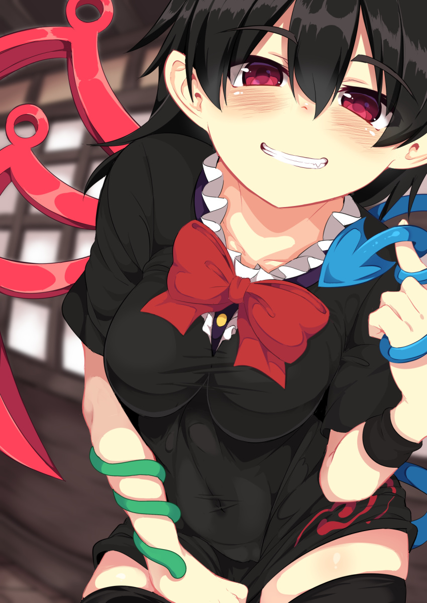 1girl asymmetrical_wings black_dress black_hair blue_wings blurry blurry_background blush bow bowtie breasts center_frills collarbone commentary_request covered_navel dress eyebrows_visible_through_hair fang grin hair_between_eyes hand_up highres houjuu_nue index_finger_raised lolimate looking_at_viewer medium_breasts microdress pointy_ears red_bow red_eyes red_neckwear red_wings short_hair short_sleeves skindentation smile snake solo taut_clothes taut_dress thigh-highs thighs touhou wings wristband zettai_ryouiki