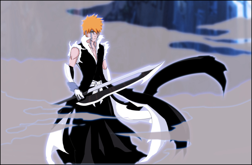 1boy arm_guards arrancarfighter bankai bleach gloves holding holding_sword holding_weapon kurosaki_ichigo looking_at_viewer male_focus orange_hair solo spiky_hair sword tensa_zangetsu_(bankai) weapon