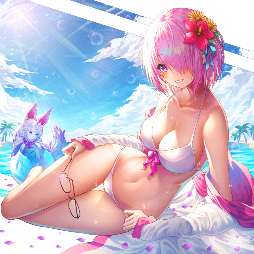 1girl absurdres bare_shoulders bikini bird blue_ribbon blue_sky blush breasts bu_(user_auya5258) cleavage collarbone commentary creature english_commentary fate/grand_order fate_(series) flower fou_(fate/grand_order) glasses hair_flower hair_ornament hair_over_one_eye hair_ribbon highres holding holding_eyewear large_breasts lavender_hair looking_at_viewer lying mash_kyrielight ocean on_side outdoors palm_tree petals pink_hair ribbon shiny short_hair sky smile sun sunlight swimsuit tree violet_eyes water water_drop white_bikini