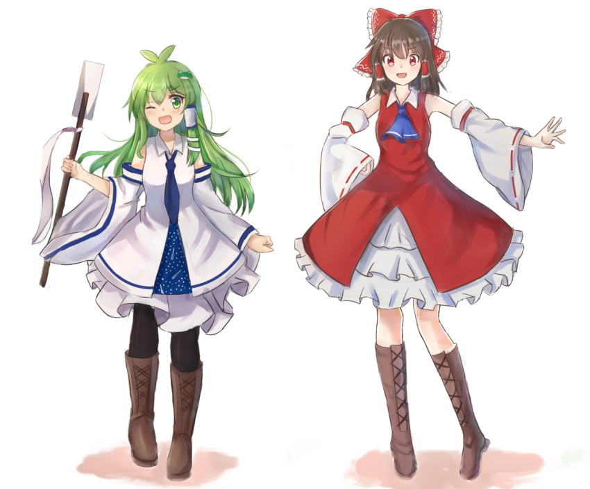 2girls bare_legs black_legwear boots bow brown_footwear brown_hair cross-laced_footwear detached_sleeves econometrics gohei green_eyes green_hair hair_bow hakurei_reimu height_difference highres japanese_clothes knee_boots kochiya_sanae lace-up_boots miko multiple_girls pantyhose red_eyes touhou