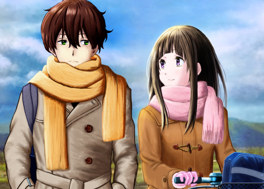 1boy 1girl arms_at_sides bag bangs bicycle bicycle_basket black_hair blue_sky bookbag brown_hair brown_jacket chitanda_eru day gloves green_eyes ground_vehicle hair_between_eyes hyouka jacket long_hair looking_at_another oreki_houtarou outdoors pink_gloves pink_scarf scarf sideways_glance sky t-3_design violet_eyes yellow_scarf