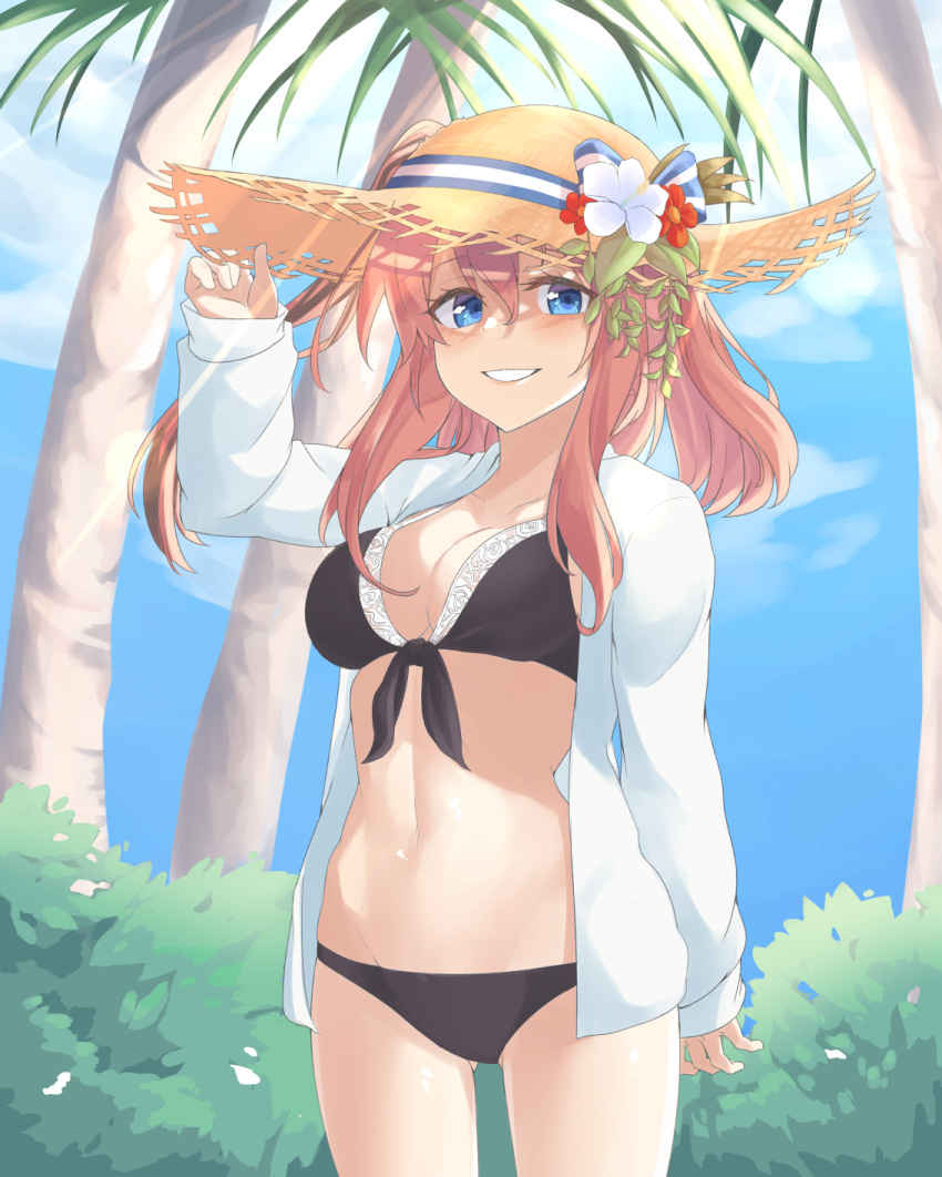 1girl bikini black_bikini blue_eyes blue_sky breasts brown_hair clouds flower grass hair_between_eyes hat hat_ornament hat_ribbon highres kantai_collection medium_breasts palm_tree ponytail ribbon saratoga_(kantai_collection) sky solo standing straw_hat sun_hat sunlight swimsuit swimsuit_under_clothes tiasis tree