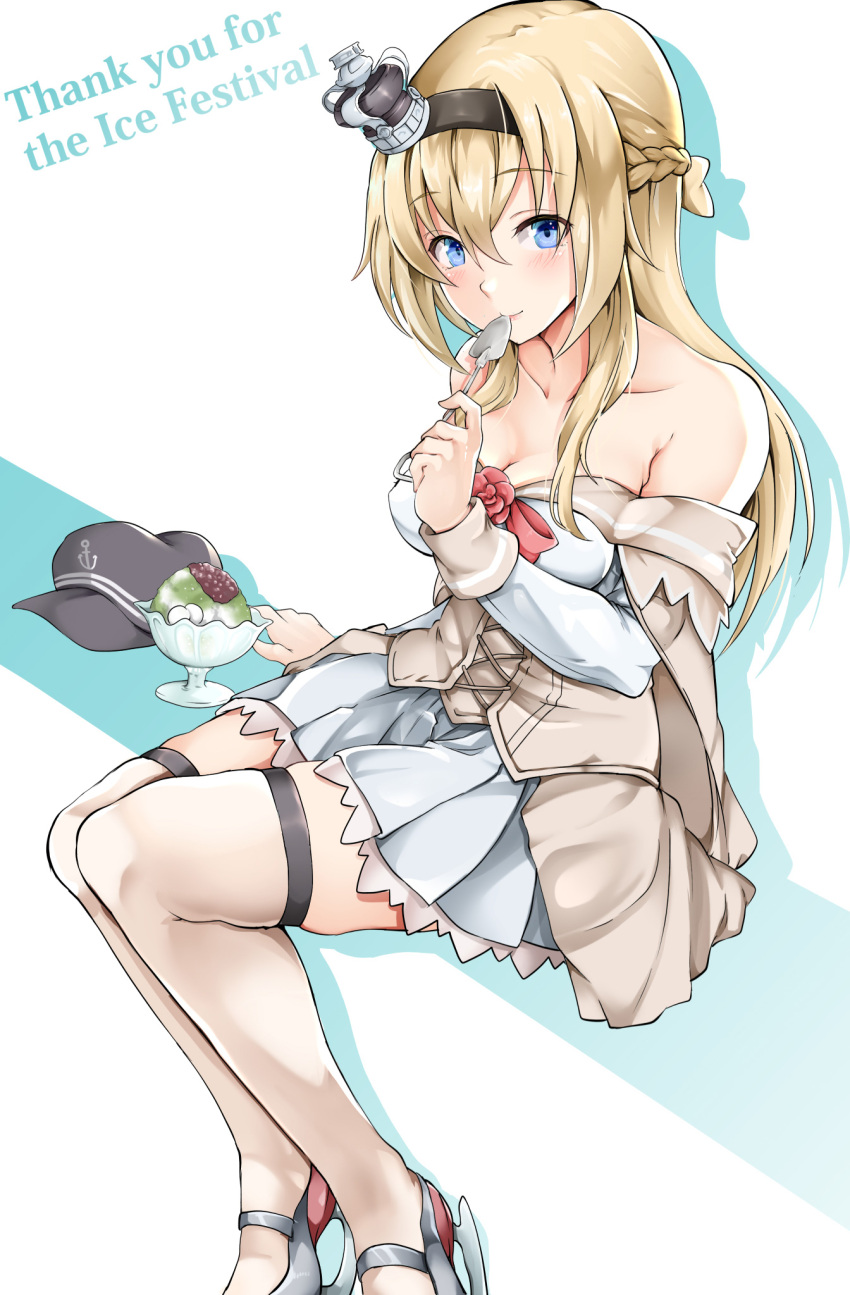 1girl bangs bare_shoulders blonde_hair blue_eyes blush braid breasts corset crown dress eyebrows_visible_through_hair flower french_braid garter_straps hair_between_eyes hairband hat high_heels highres holding holding_spoon ice_skates jewelry kantai_collection long_hair long_sleeves mary_janes mini_crown necklace off-shoulder_dress off_shoulder red_flower red_ribbon red_rose ribbon rose sezoku shoes sidelocks sitting skates skindentation smile solo spoon thigh-highs warspite_(kantai_collection) white_dress white_legwear
