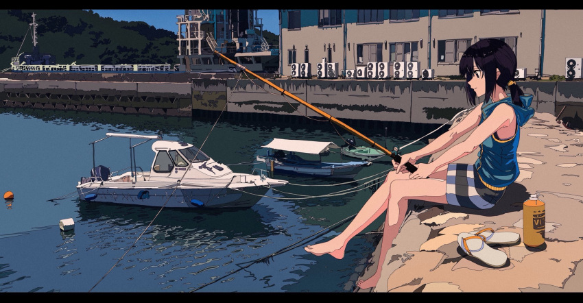 1girl air_conditioner barefoot boat building commentary_request fishing fishing_rod harbor highres hood hoodie kogecha_(coge_ch) original sleeveless sleeveless_hoodie slippers_removed solo watercraft
