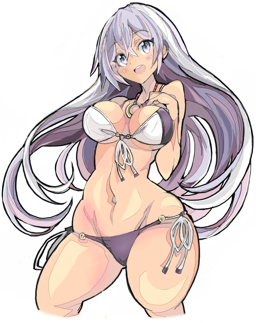 1girl :d bangs bare_shoulders bikini blue_eyes blush breasts cowboy_shot crossed_bangs enpe eyebrows_visible_through_hair front-tie_bikini front-tie_top groin hair_between_eyes highres isabelle_(shadowverse) jewelry legs_apart light_blue_eyes long_hair long_sleeves medium_breasts multicolored_hair navel necklace open_mouth purple_hair round_teeth shadowverse side-tie_bikini simple_background smile solo stomach swimsuit teeth thighs two-tone_hair under_boob very_long_hair white_background white_hair wide_hips