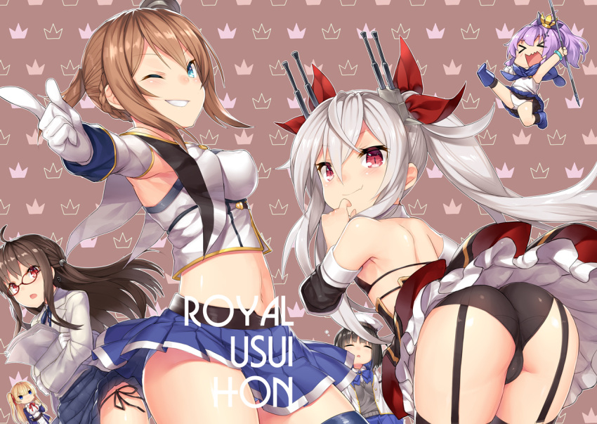 &gt;_&lt; 6+girls acasta_(azur_lane) ahoge ass azur_lane bangs bare_shoulders black_bikini_top black_hair black_legwear black_panties black_skirt blonde_hair blue_eyes blue_footwear blue_jacket blue_legwear blue_neckwear blue_panties blue_skirt blush braid breasts brown_background brown_hair chibi closed_eyes closed_mouth commentary_request crop_top detached_sleeves double-breasted elbow_gloves eyebrows_visible_through_hair flat_chest floating_hair french_braid garter_straps glasses gloves grey_hair grey_sweater grin hair_between_eyes hair_ribbon hair_tie hat high-waist_skirt holding holding_paper jacket javelin_(azur_lane) leaning_forward london_(azur_lane) long_sleeves looking_at_viewer looking_back medium_breasts midriff mini_hat miniskirt multiple_girls navel neck_ribbon object_hug one_eye_closed one_side_up outstretched_arm panties pantyshot pantyshot_(standing) paper petticoat pleated_skirt pointing pointing_at_viewer ponytail purple_hair red_eyes red_ribbon red_skirt repulse_(azur_lane) ribbon shiny shiny_hair shiny_skin shirt short_ponytail side-tie_panties sidelocks skirt sleeveless sleeveless_shirt slit_pupils smile smirk standing stomach sussex_(azur_lane) sweater thigh-highs torimaru trefoil tsurime turret twintails underwear vampire_(azur_lane) white_gloves white_hat white_jacket white_panties white_shirt wind wind_lift wrist_cuffs