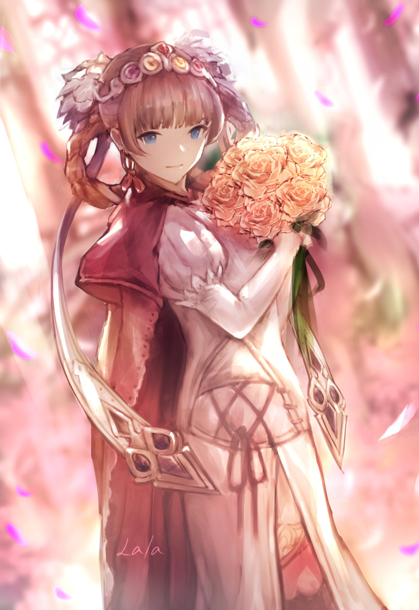 1girl absurdres bangs blonde_hair blue_eyes blunt_bangs bouquet braid breasts brown_hair cape closed_mouth commentary_request dress elbow_gloves flower gloves granblue_fantasy hair_ornament hair_rings hairband highres holding holding_bouquet jewelry juliet_(granblue_fantasy) lala_(0915_yu) long_hair medium_breasts multicolored multicolored_background pink_hair puffy_sleeves red_cape signature solo tiara white_dress white_gloves