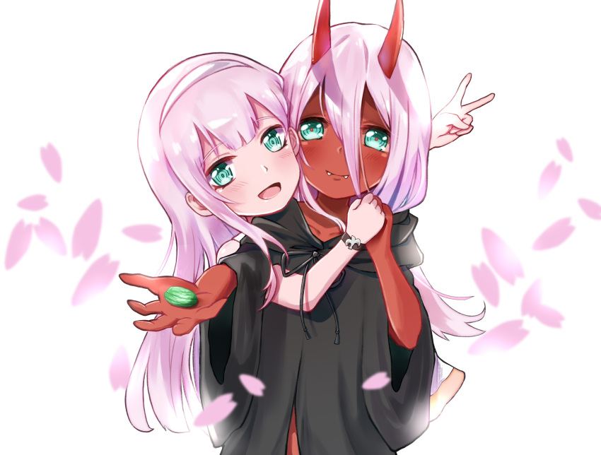 2girls bigroll blush bracelet candy darling_in_the_franxx fangs food green_eyes hair_between_eyes hairband highres holding holding_food hood hood_down hooded_robe hug hug_from_behind jewelry long_hair looking_at_viewer multiple_girls oni_horns open_mouth petals pink_hair red_horns red_skin simple_background v white_hairband younger zero_two_(darling_in_the_franxx)