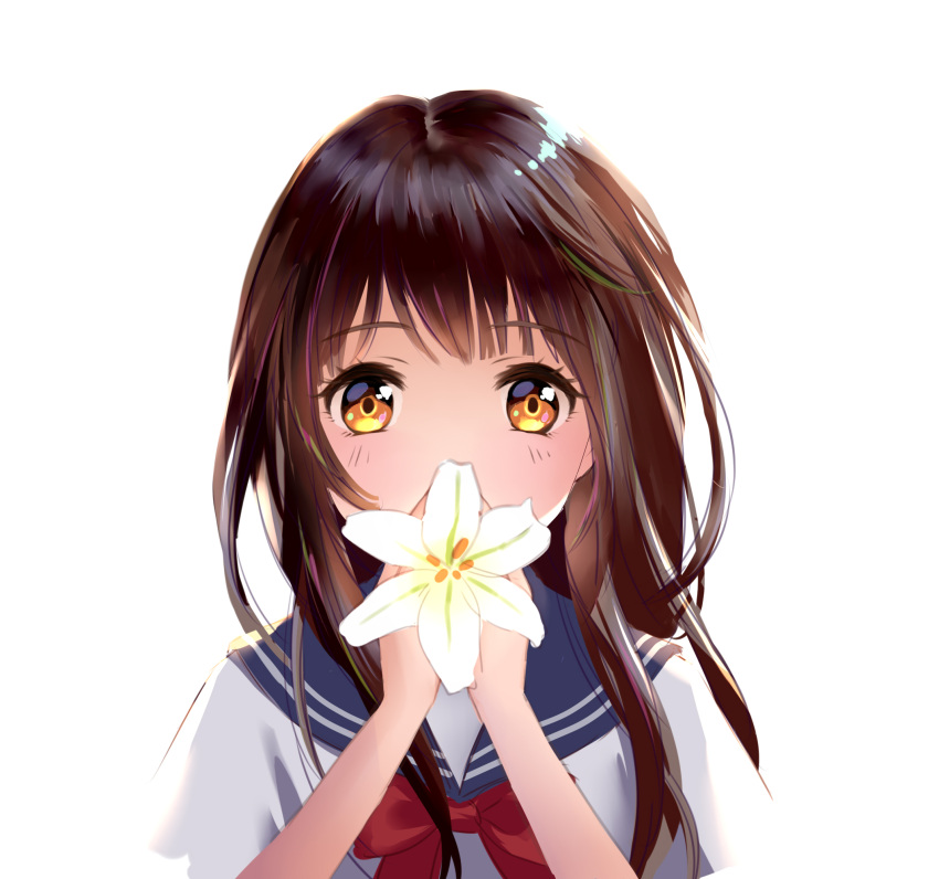 1girl bangs bow bowtie brown_hair commentary_request covering_mouth cute eyebrows_visible_through_hair flower highres holding holding_flower lily_(flower) long_hair looking_at_viewer orange_eyes original red_bow red_neckwear school_uniform serafuku sidelocks simple_background solo uniform upper_body white_background white_flower yin.