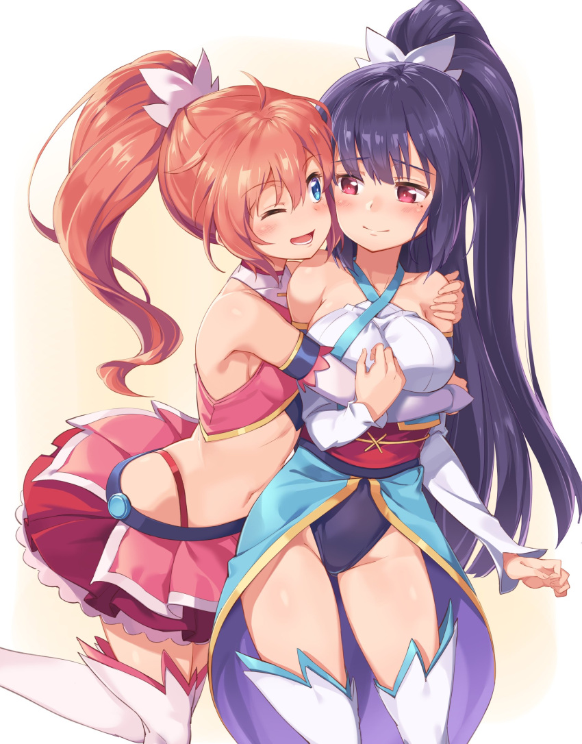 2girls ;d absurdres amatsuki_meguru angel_rose angel_sapphire bare_shoulders black_hair blue_eyes blush boots breasts collarbone commentary_request covered_navel hand_on_another's_shoulder highres hug japanese_clothes kisaragi_sumire leotard long_hair michairu mole mole_under_eye multiple_girls navel obi one_eye_closed open_mouth pink_skirt red_eyes red_skirt redhead sash skirt smile thigh-highs thigh_boots twin_angel twin_angel_break very_long_hair white_footwear yellow_background