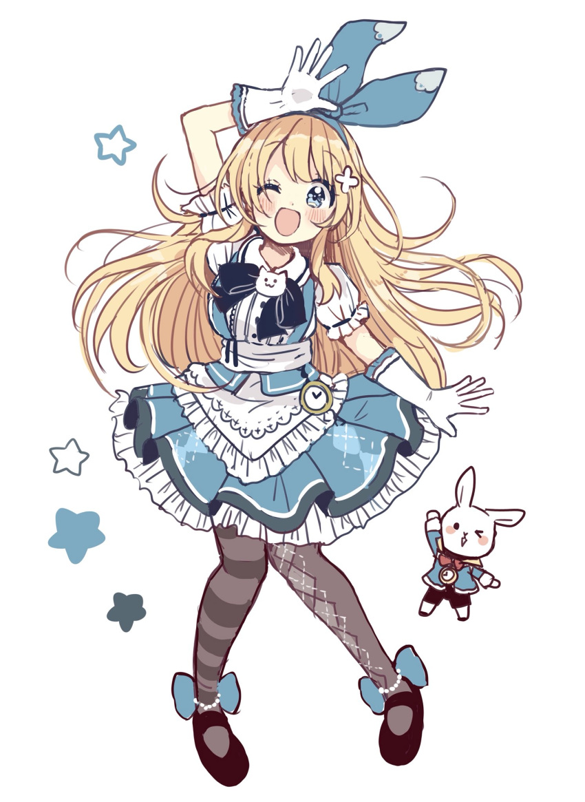 &gt;_o 1girl ;d alice_(wonderland) alice_in_wonderland animal argyle argyle_legwear arm_up bangs black_footwear black_shorts blonde_hair blue_jacket blue_ribbon blue_skirt blush brown_legwear clothed_animal commentary_request eyebrows_visible_through_hair gloves hair_between_eyes hair_ornament hair_ribbon highres jacket long_hair long_sleeves mary_janes mismatched_legwear one_eye_closed open_mouth pleated_skirt pocket_watch puffy_short_sleeves puffy_sleeves rabbit ribbon sakura_oriko shirt shoes short_sleeves shorts simple_background skirt smile standing star striped striped_legwear thigh-highs very_long_hair watch white_background white_gloves white_rabbit white_shirt