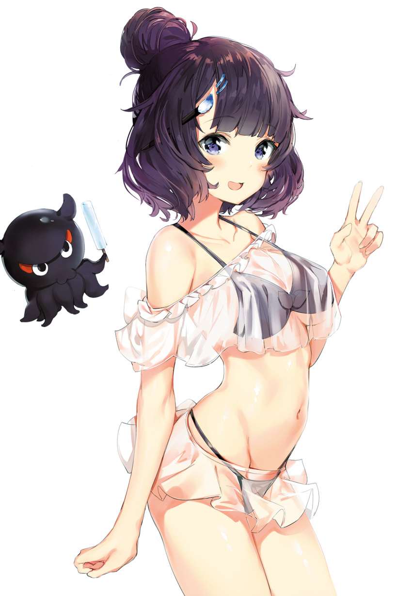 1girl :d animal bangs bare_shoulders bikini black_bikini blunt_bangs blush breasts collarbone eyebrows_visible_through_hair fate/grand_order fate_(series) groin hair_bun hair_ornament hairclip hand_gesture hand_up highres hips katsushika_hokusai_(fate/grand_order) looking_at_viewer medium_breasts miniskirt navel octopus off_shoulder open_mouth paintbrush purple_hair see-through silver_(chenwen) simple_background skirt smile solo swimsuit v violet_eyes waist white_background