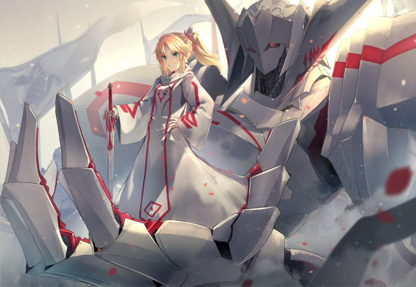 1girl alternate_costume armor banner blonde_hair clarent commentary_request fate/grand_order fate_(series) five_star_stories glowing glowing_eyes green_eyes hand_on_hilt hand_on_hip highres isegawa_yasutaka long_sleeves mecha mordred_(fate) mordred_(fate)_(all) petals ponytail red_scrunchie scrunchie smile standing