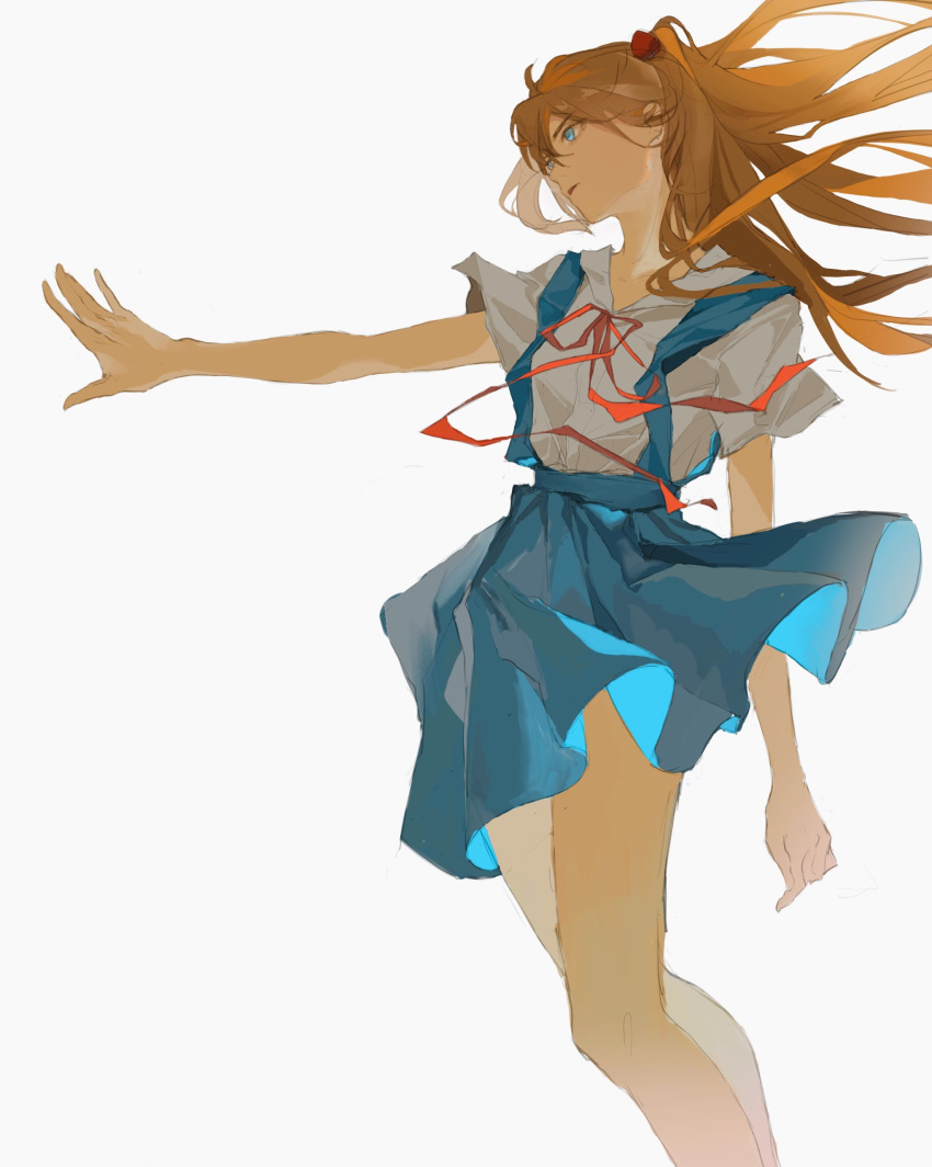 1girl absurdres arm_at_side bangs blue_eyes blue_skirt collarbone commentary feet_out_of_frame floating_hair from_side grey_shirt hairpods highres ink18705 long_hair looking_ahead neck_ribbon neon_genesis_evangelion open_mouth orange_hair outstretched_arm ribbon school_uniform shirt short_sleeves simple_background skirt solo souryuu_asuka_langley standing suspender_skirt suspenders two_side_up white_background wind