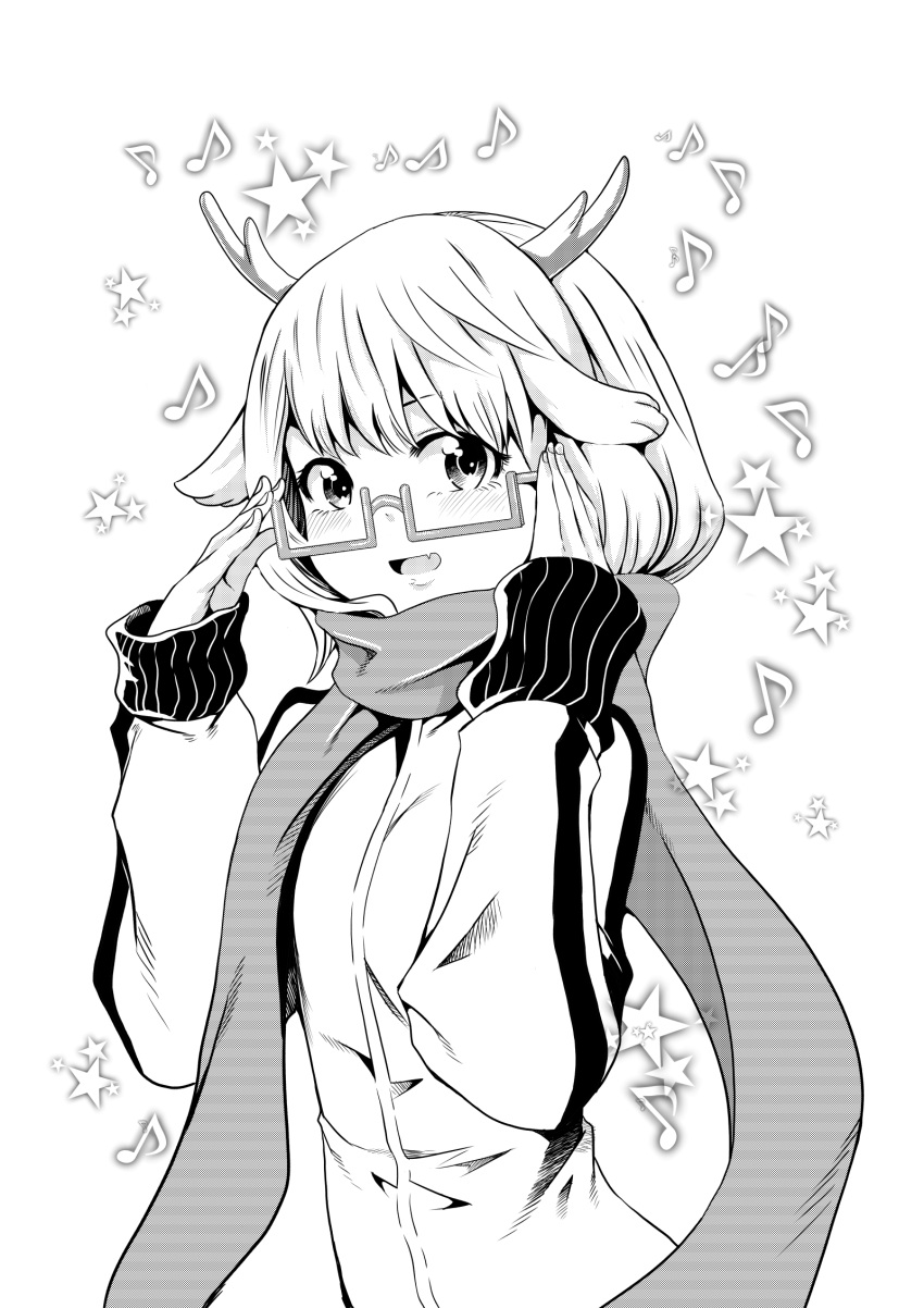 1girl antlers bangs blush fang greyscale highres kano_(singer) long_sleeves monochrome musical_note open_mouth original scarf short_hair smile solo track_suit yasehattagi