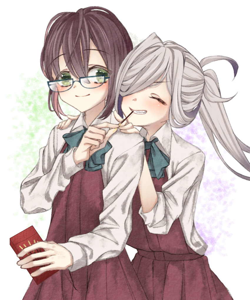 2girls ahoge amane_(axmaxne) asashimo_(kantai_collection) blue-framed_eyewear blue_bow blue_neckwear bow bowtie brown_hair closed_eyes closed_mouth dress eating eyebrows_visible_through_hair food glasses gradient_hair green_eyes grey_hair hair_over_one_eye halterneck highres kantai_collection long_hair multicolored_hair multiple_girls okinami_(kantai_collection) open_mouth pink_hair pocky pocky_day ponytail purple_dress purple_hair school_uniform sharp_teeth shirt short_hair sleeveless sleeveless_dress teeth upper_body white_shirt