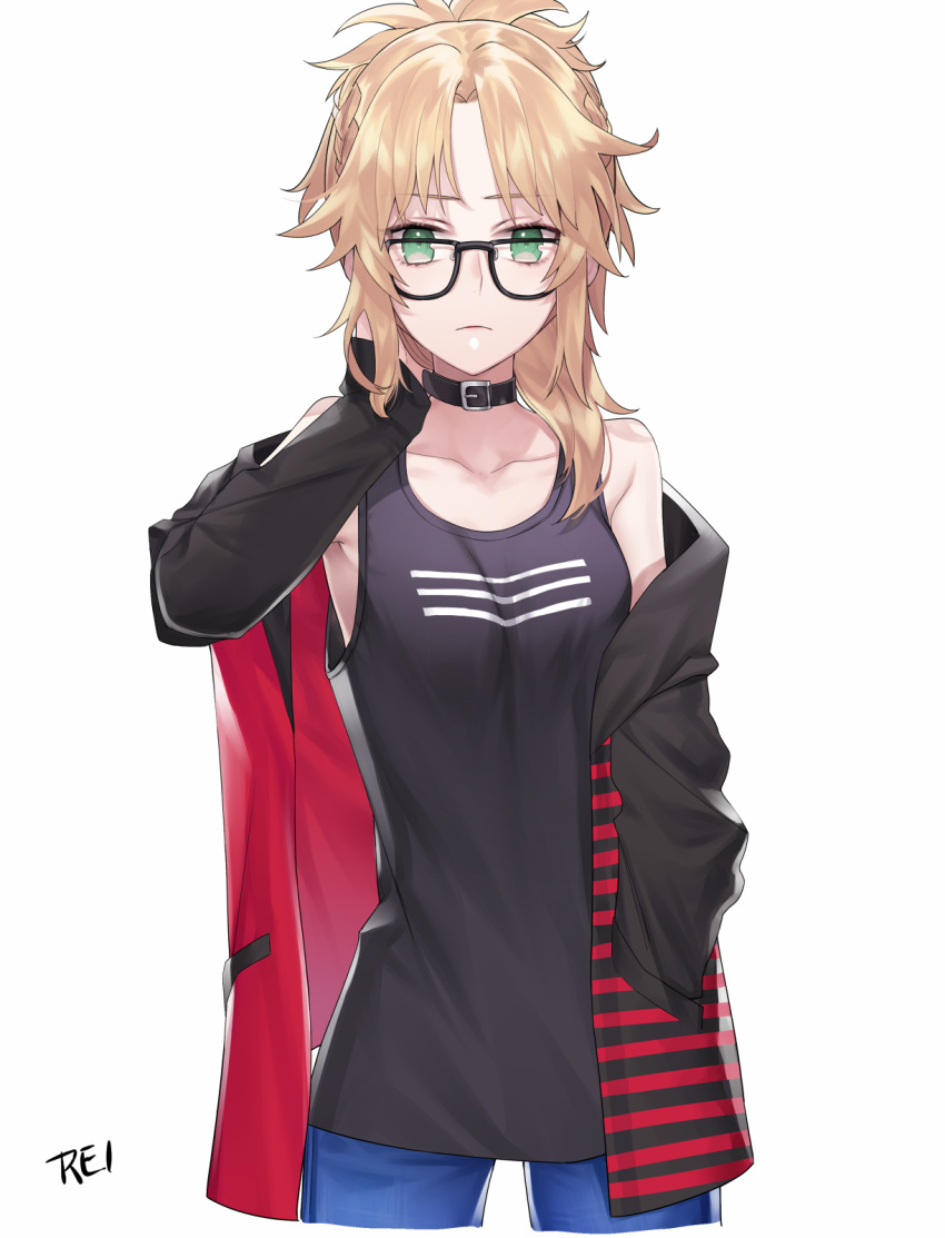 1girl armpit_peek bangs bare_shoulders belt_collar bespectacled black-framed_eyewear black_collar black_jacket black_tank_top blonde_hair blue_pants breasts buckle closed_mouth collarbone cowboy_shot cropped_legs expressionless eyebrows_visible_through_hair fate/apocrypha fate_(series) glasses green_eyes hair_over_shoulder hand_in_hair hand_in_pocket highres ichinosenen jacket long_hair long_sleeves looking_at_viewer mordred_(fate) mordred_(fate)_(all) off_shoulder open_clothes open_jacket pants parted_bangs pocket ponytail red_jacket shiny shiny_hair sidelocks signature simple_background small_breasts solo standing striped_jacket white_background