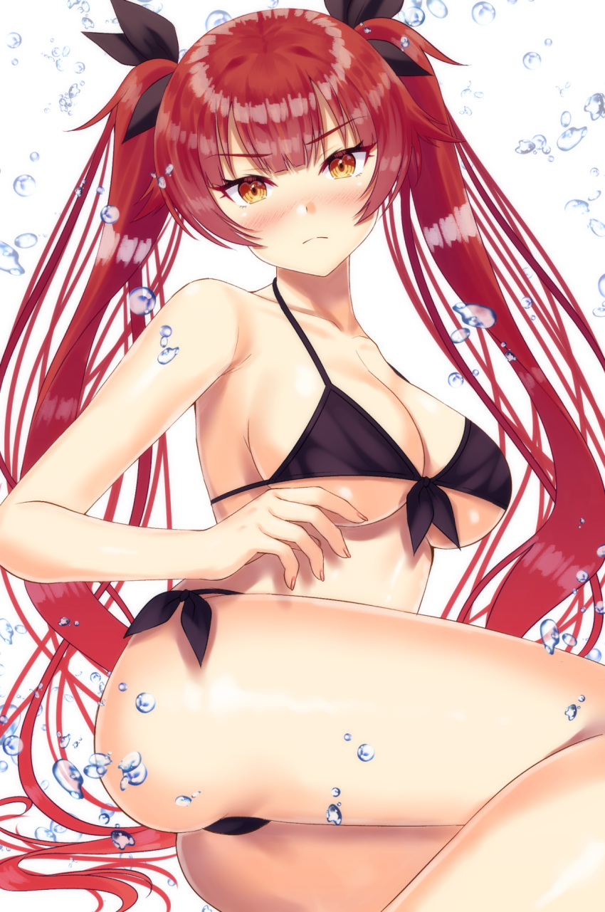 1girl alternate_costume ass azur_lane bangs bikini black_bikini black_ribbon blush breasts bubble cleavage closed_mouth collarbone embarrassed eyebrows_visible_through_hair front-tie_top hair_ribbon highres honami_(pixiv_31607242) honolulu_(azur_lane) large_breasts long_hair looking_at_viewer red_eyes redhead ribbon shiny shiny_skin side-tie_bikini sidelocks simple_background sitting solo swimsuit thighs twintails very_long_hair white_background