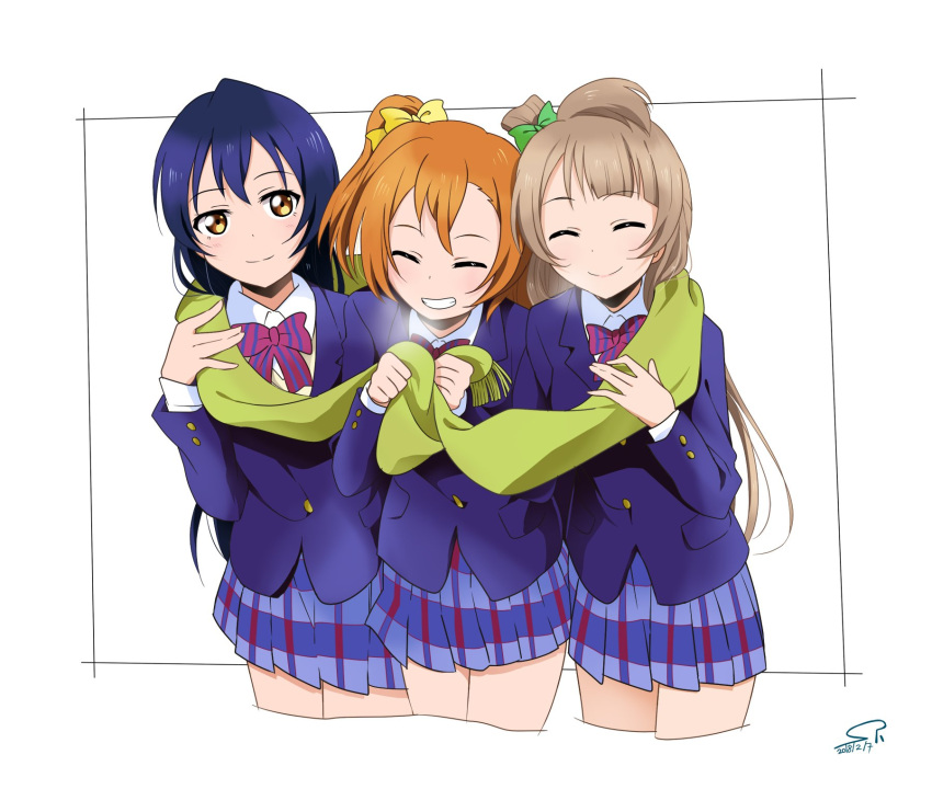 3girls bangs blue_hair closed_eyes commentary_request grey_hair hair_between_eyes highres kousaka_honoka long_hair love_live! love_live!_school_idol_project minami_kotori multiple_girls one_side_up orange_hair otonokizaka_school_uniform sandwiched scarf shared_scarf simple_background smile sonoda_umi suan_ringo white_background yellow_eyes