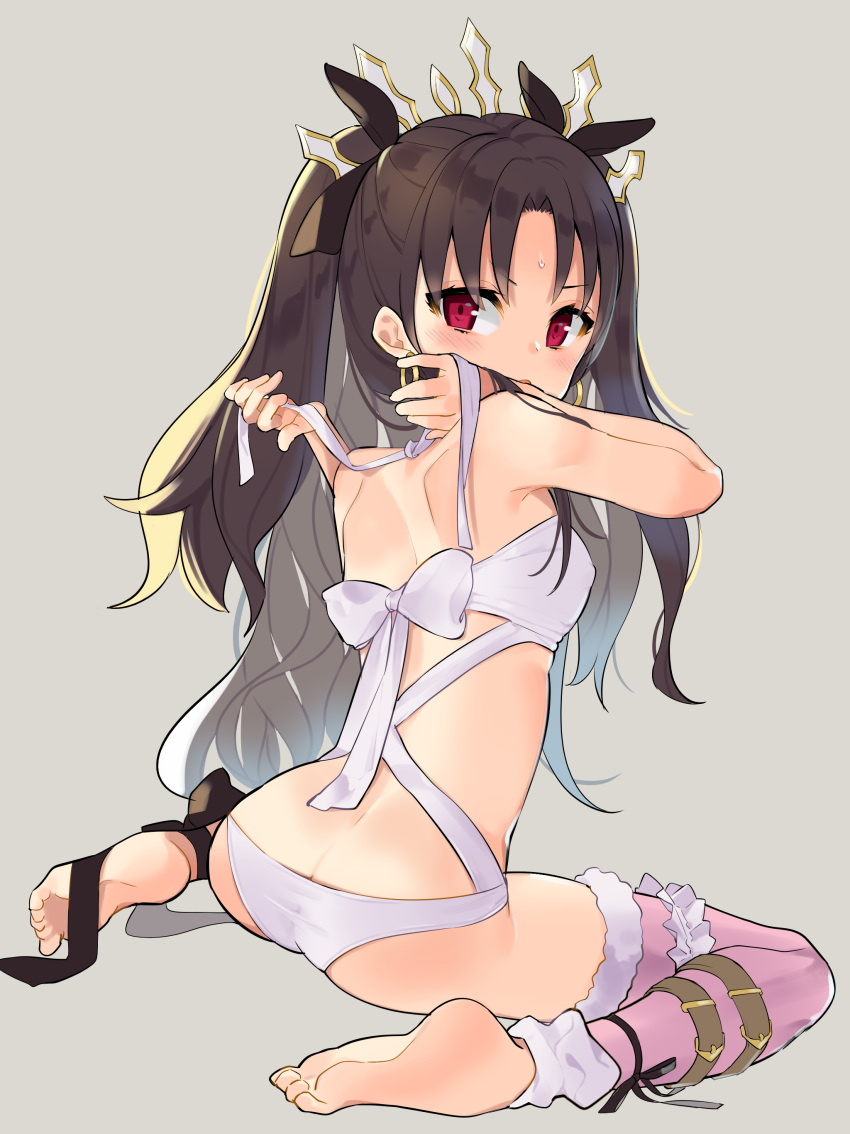 1girl :o absurdres ass bangs bare_arms bare_shoulders barefoot bikini black_bow black_hair blush bow breasts butt_crack commentary_request earrings erect_nipples eyebrows_visible_through_hair fate/grand_order fate_(series) grey_background hair_bow highres hoop_earrings ishtar_(swimsuit_rider)_(fate) jewelry long_hair looking_at_viewer looking_back omucchan_(omutyuan) parted_bangs parted_lips red_eyes simple_background single_legging sitting small_breasts soles solo sweat swimsuit tiara two_side_up tying very_long_hair wariza white_bikini white_bow