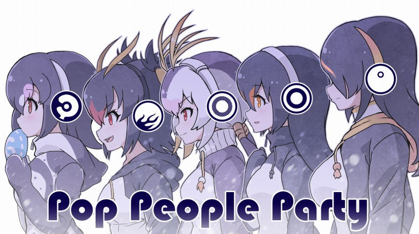 5girls black_hair breasts brown_eyes drawstring eating emperor_penguin_(kemono_friends) food from_side gentoo_penguin_(kemono_friends) hair_over_one_eye hand_on_own_chest headphones hood hoodie humboldt_penguin_(kemono_friends) japari_bun kemono_friends large_breasts leotard light_smile lineup multicolored_hair multiple_girls penguins_performance_project_(kemono_friends) red_eyes rockhopper_penguin_(kemono_friends) royal_penguin_(kemono_friends) snow tanaka_kusao turtleneck upper_body v-shaped_eyebrows white_hair white_leotard yellow_eyes