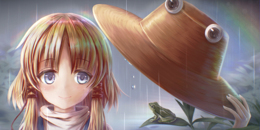 1girl blonde_hair blue_eyes blush eyebrows_visible_through_hair frog hat highres holding holding_hat kotatsu_(kotatu04) lens_flare moriya_suwako outdoors plant pyonta rain rainbow touhou water water_drop