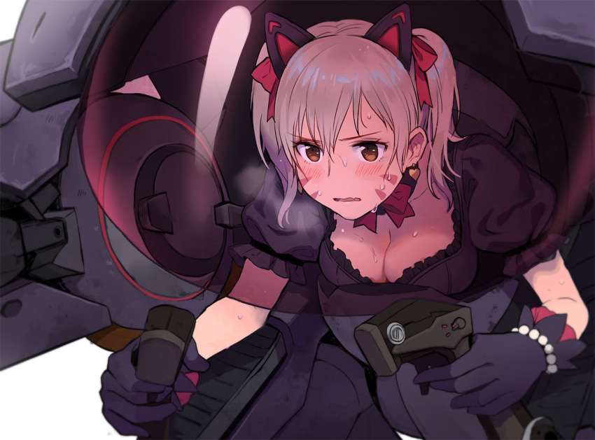 0910popo 1girl animal_ears black_gloves blush breasts breath brown_eyes cat_ears cleavage d.va_(overwatch) earrings facial_mark fake_animal_ears fang finger_on_trigger gloves grey_hair hair_ornament heart heart_earrings heavy_breathing jewelry large_breasts overwatch parted_lips riding short_twintails solo sweat twintails