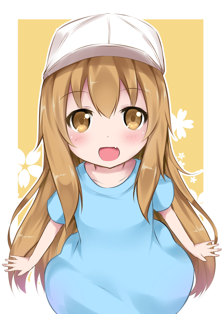 1girl :d absurdres blue_shirt brown_eyes brown_hair catstudioinc_(punepuni) commentary eyebrows_visible_through_hair fang flat_cap hat hataraku_saibou highres looking_at_viewer open_mouth outline platelet_(hataraku_saibou) shirt simple_background smile solo white_hat white_outline