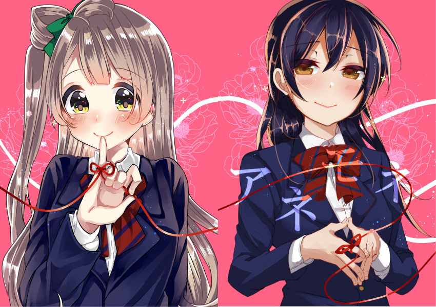 2girls absurdres bangs bjcrk453 blue_hair blush bow commentary_request eyebrows_visible_through_hair flower grey_hair hair_between_eyes hair_bow highres long_hair looking_at_viewer love_live! love_live!_school_idol_project minami_kotori multiple_girls one_side_up otonokizaka_school_uniform red_string smile sonoda_umi steepled_fingers string upper_body yellow_eyes