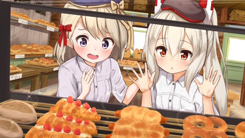2girls :d against_glass ame. ayanami_(azur_lane) azur_lane baguette bangs beret blue_hat blush bow bread breasts brick_wall brown_bow brown_hat collared_shirt commentary_request door doughnut dress_shirt dutch_angle eyebrows_visible_through_hair food hair_between_eyes hair_bow hand_on_another's_shoulder hands_up hat headgear high_ponytail indoors long_hair multiple_girls open_mouth parted_lips red_bow red_eyes shirt short_sleeves side_ponytail silver_hair small_breasts smile very_long_hair violet_eyes white_shirt z23_(azur_lane)