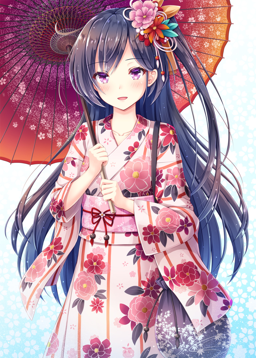 1girl akashio_(loli_ace) bag black_hair blush commentary_request eyebrows_visible_through_hair eyes_visible_through_hair floral_print flower hair_flower hair_ornament highres japanese_clothes kimono long_hair looking_at_viewer obi one_side_up oriental_umbrella original parted_lips print_kimono sash smile solo umbrella very_long_hair violet_eyes wide_sleeves