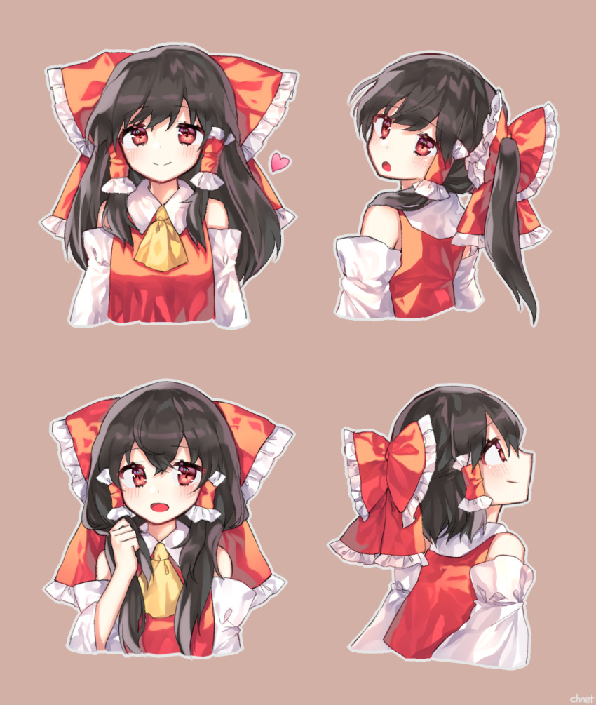 1girl :d :o ascot bare_shoulders black_hair blouse blush bow cheunes commentary detached_sleeves expressions fist_pump from_side hair_bow hair_tubes hakurei_reimu happy heart highres large_bow long_hair looking_at_viewer looking_back open_mouth ponytail profile red_eyes short_hair smile solo touhou upper_body wide_sleeves yellow_neckwear