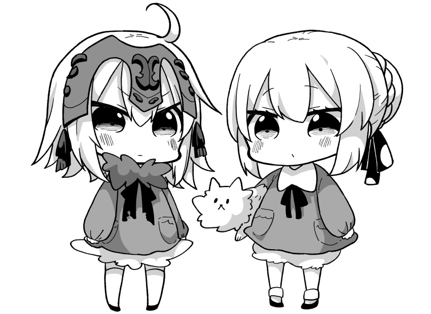 2girls absurdres ahoge artoria_pendragon_(all) bangs bloomers blush bow braid carrying_under_arm chibi closed_eyes collared_shirt commentary_request eyebrows_visible_through_hair fate/apocrypha fate/grand_order fate/stay_night fate_(series) fur-trimmed_shirt fur_trim greyscale hair_between_eyes hair_bow hair_bun headpiece highres jako_(jakoo21) jeanne_d'arc_(alter)_(fate) jeanne_d'arc_(fate)_(all) kneehighs long_sleeves monochrome multiple_girls puffy_long_sleeves puffy_sleeves saber_alter shirt simple_background sleeves_past_wrists socks standing underwear v-shaped_eyebrows white_background younger