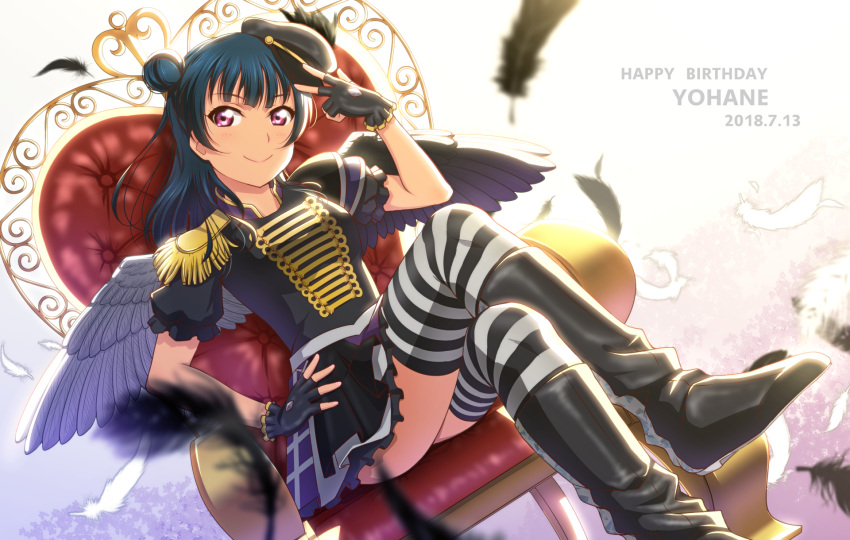 1girl anibache asymmetrical_wings bangs black_feathers black_footwear black_gloves black_hat black_wings blue_hair boots character_name commentary_request dated epaulettes feathered_wings feathers fingerless_gloves gloves hand_on_hip happy_birthday hat highres legs_crossed looking_at_viewer love_live! love_live!_sunshine!! side_bun sitting skirt smile solo striped striped_legwear throne tsushima_yoshiko violet_eyes white_feathers white_wings wings