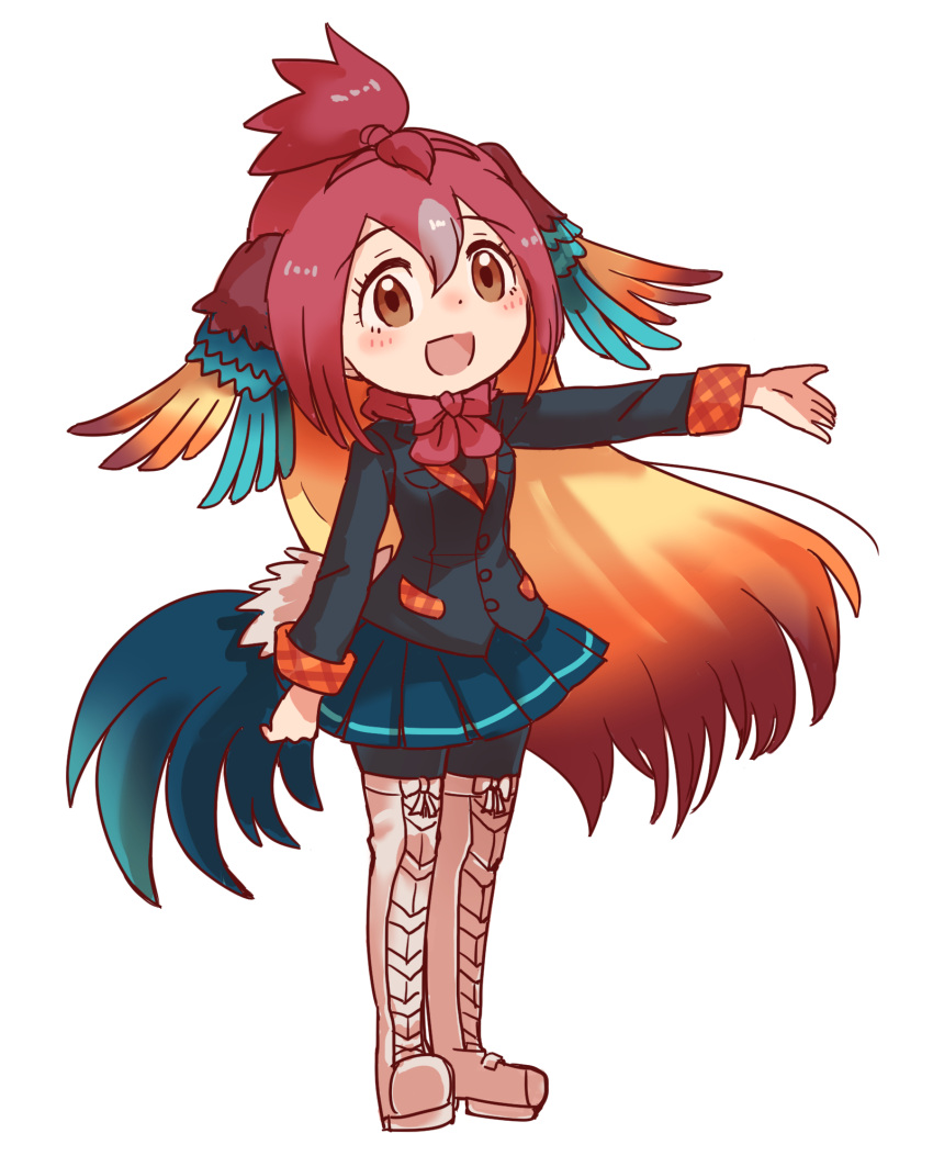 1girl bird_tail bird_wings blue_hair blush boot_bow boots bow bowtie coat commentary_request eyebrows_visible_through_hair friends-mind green_hair head_wings highres kemono_friends long_hair long_sleeves multicolored_hair orange_hair pantyhose plaid_trim pleated_skirt red_junglefowl_(kemono_friends) redhead skirt solo thigh-highs thigh_boots wings