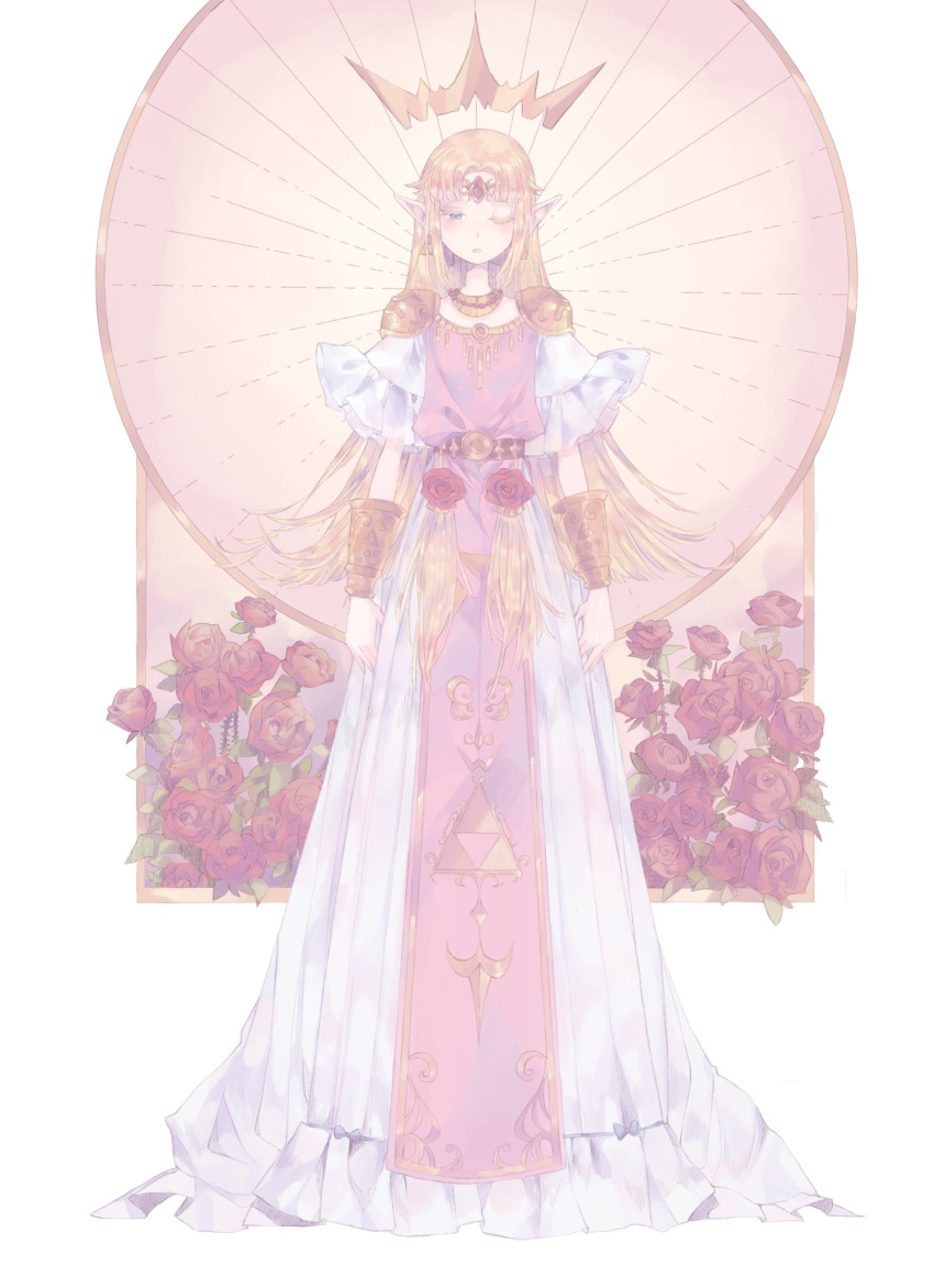 bangs belt blonde_hair blush dress flower forehead_protector fortisselle full_body gown half-closed_eye highres jewelry long_dress long_hair looking_at_viewer necklace one_eye_closed pointy_ears princess princess_zelda rose short_sleeves shoulder_armor the_legend_of_zelda triforce white_dress wide_sleeves