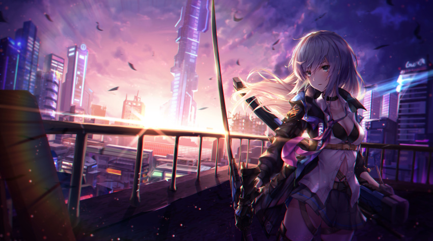 1girl absurdres bangs blue_eyes blush bra breasts building choker chyopeuteu cityscape cleavage clouds commentary_request grey_hair hair_between_eyes highres katana long_hair looking_at_viewer medium_breasts original partially_unbuttoned pleated_skirt railing science_fiction shirt skirt sky skyscraper solo sunset sword underwear weapon white_shirt wind