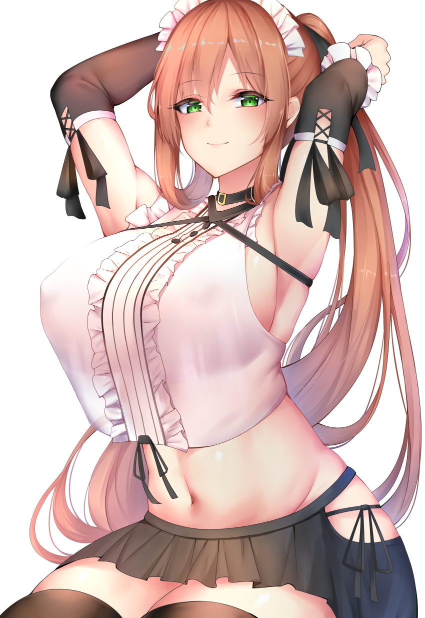 1girl absurdres alternate_costume armpits arms_behind_head bangs black_legwear black_ribbon black_skirt blouse blush breasts brown_hair buttons chixiao collar detached_sleeves erect_nipples eyebrows_visible_through_hair frills girls_frontline gloves green_eyes groin hair_between_eyes hair_ribbon hair_rings highres hip_vent large_breasts long_hair looking_at_viewer m1903_springfield_(girls_frontline) maid maid_headdress miniskirt navel panties pleated_skirt ponytail ribbon seiza side-tie_panties sidelocks simple_background sitting skindentation skirt smile solo stomach thigh-highs thighs tying_hair underwear white_background