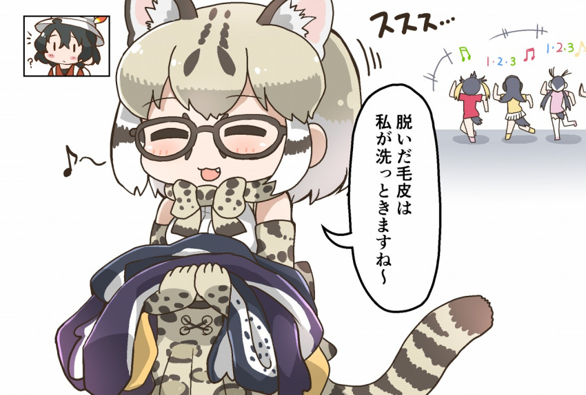 5girls ? ^_^ animal_ears backpack bag black_hair blonde_hair blush_stickers bow bowtie cat_ears cat_tail chibi closed_eyes closed_eyes counting elbow_gloves eyebrows_visible_through_hair fang gentoo_penguin_(kemono_friends) glasses gloves hair_between_eyes hat_feather helmet holding_clothes kaban_(kemono_friends) kemono_friends long_hair margay_(kemono_friends) margay_print multicolored_hair multiple_girls musical_note no_nose open_mouth penguins_performance_project_(kemono_friends) pith_helmet print_gloves print_neckwear print_skirt red_shirt rockhopper_penguin_(kemono_friends) royal_penguin_(kemono_friends) running shirt short_hair short_sleeves skirt sleeveless smile solo_focus tail tanaka_kusao thigh-highs translation_request twintails white_hair |_|