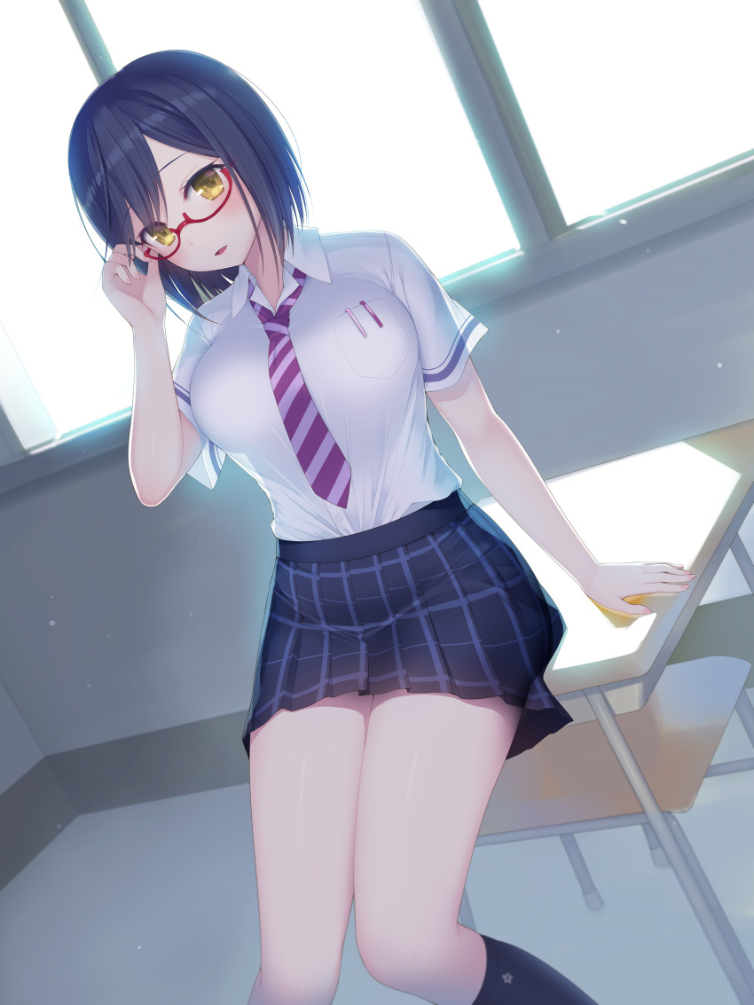 1girl absurdres bangs blue_hair blush breasts chair classroom day eyebrows_visible_through_hair highres indoors kashiwamochi_yomogi large_breasts looking_at_viewer nijisanji open_mouth plaid plaid_skirt pleated_skirt purple_neckwear school_uniform shirt shizuka_rin short_hair short_sleeves sitting skirt solo virtual_youtuber white_shirt yellow_eyes