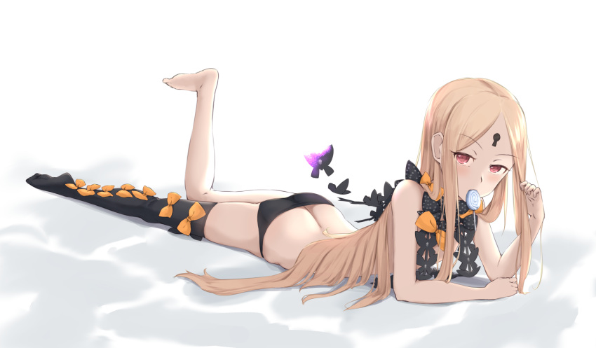 1girl abigail_williams_(fate/grand_order) animal ass bangs bare_legs barefoot black_bow black_legwear black_panties blonde_hair bow bug butterfly candy commentary_request fate/grand_order fate_(series) food full_body highres insect jilu keyhole lollipop long_hair looking_at_viewer lying mouth_hold on_stomach orange_bow panties parted_bangs polka_dot polka_dot_bow red_eyes revealing_clothes single_thighhigh solo swirl_lollipop thigh-highs underwear very_long_hair white_background