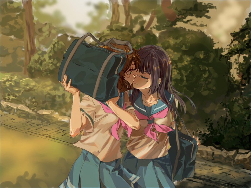 2girls bag bangs black_hair blue_skirt blush brown_hair bush closed_eyes hibike!_euphonium highres holding holding_bag imminent_kiss kousaka_reina looking_at_another multiple_girls oumae_kumiko pleated_skirt sailor_collar shadow short_sleeves shoulder_bag skirt smile sworgun tree yuri