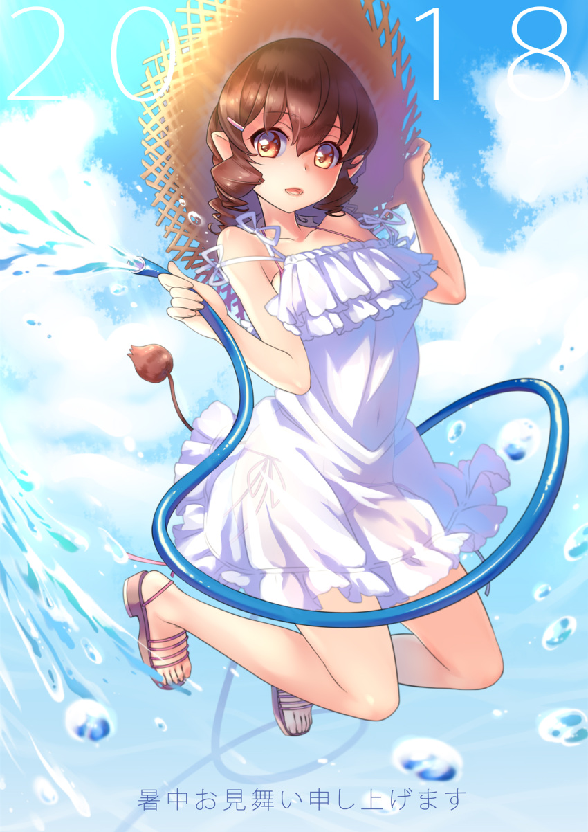 1girl 2018 brown_eyes brown_hair collarbone dress drill_hair eyebrows_visible_through_hair hair_ornament hairclip hat highres holding holding_hat hose kawagoe_pochi looking_at_viewer open_mouth original pointy_ears sandals short_hair solo sundress tail twin_drills water white_dress