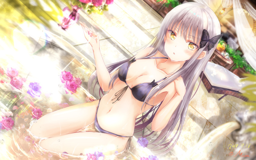 1girl bang_dream! bangs bikini blush breasts butterfly_hair_ornament cleavage commentary_request dated dutch_angle flower grey_hair hair_ornament highres long_hair looking_at_viewer masa_(mirage77) medium_breasts minato_yukina navel parted_lips partially_submerged petals pink_flower pink_rose purple_flower purple_rose rose signature solo sparkle swimsuit wallpaper water yellow_eyes