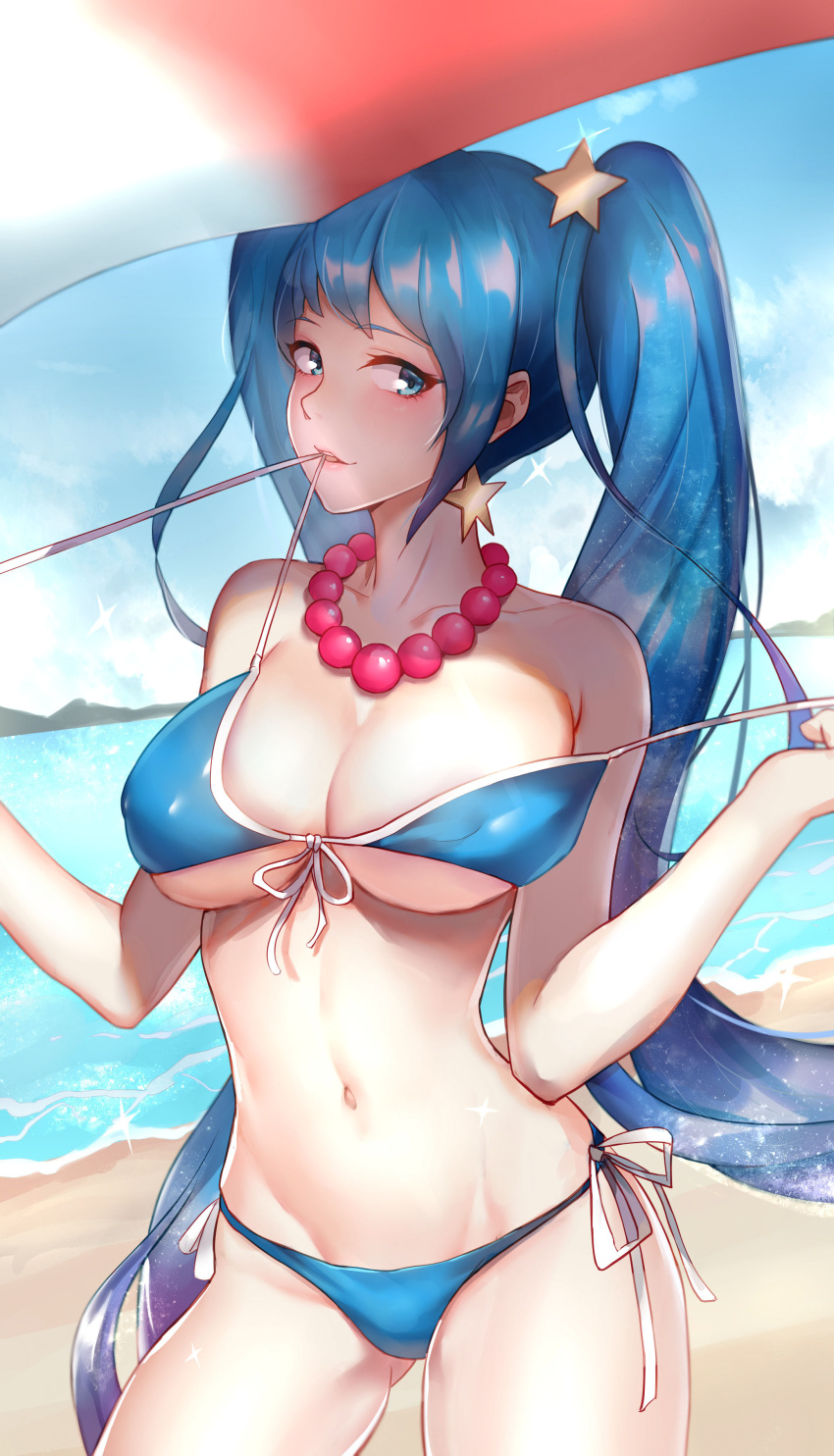 1girl absurdres arcade_sona beach bead_necklace beads bikini blue_bikini blue_eyes blue_hair breasts cleavage cowboy_shot dymao earrings hair_ornament highres jewelry large_breasts league_of_legends lips long_hair looking_to_the_side navel necklace ocean outdoors seductive_smile side-tie_bikini sky smile solo sona_buvelle star star_earrings star_hair_ornament swimsuit twintails under_boob untied untied_bikini very_long_hair