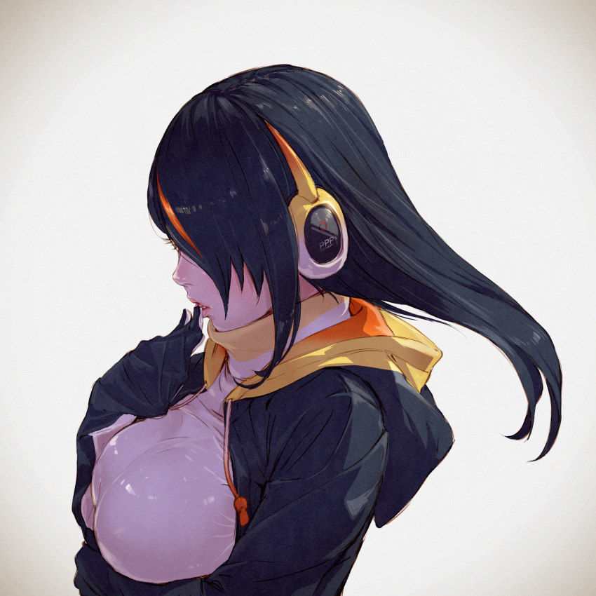 1girl black_hair black_jacket breast_hold breasts earmuffs emperor_penguin_(kemono_friends) eyelashes finger_to_mouth from_side hair_over_one_eye hand_up henohenomomiji highres hood hood_down hooded_jacket jacket kemono_friends large_breasts lips long_hair multicolored_hair nose open_clothes open_jacket open_mouth orange_hair profile solo straight_hair streaked_hair turtleneck two-tone_hair upper_body