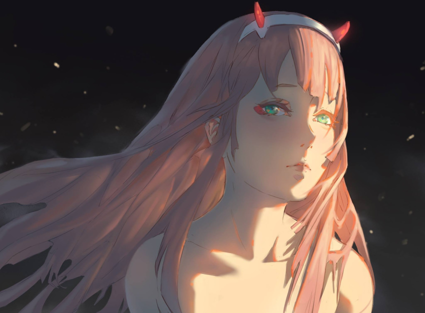 1girl bangs bare_shoulders black_background closed_mouth collarbone darling_in_the_franxx eyeliner face floating_hair green_eyes hairband harng1239 head_tilt highres horns lips long_hair looking_at_viewer makeup oni_horns pink_hair portrait simple_background solo white_hairband zero_two_(darling_in_the_franxx)