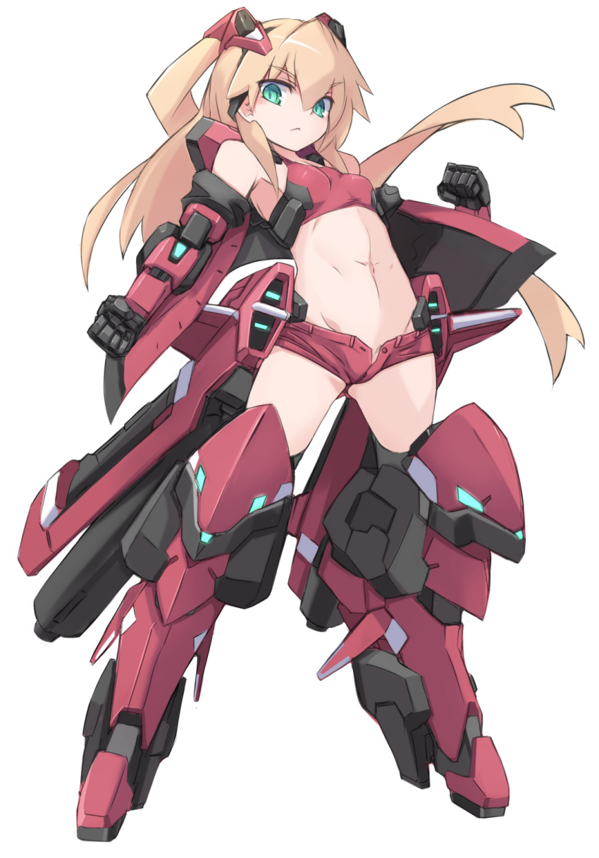 1girl armor blonde_hair clenched_hands closed_mouth commentary_request densou_tenshi_valforce eyebrows_visible_through_hair full_body green_eyes highres karukan_(monjya) long_hair looking_at_viewer mecha_musume midriff misawa_elena navel red_footwear red_shorts short_shorts shorts simple_background solo standing two_side_up unbuttoned white_background